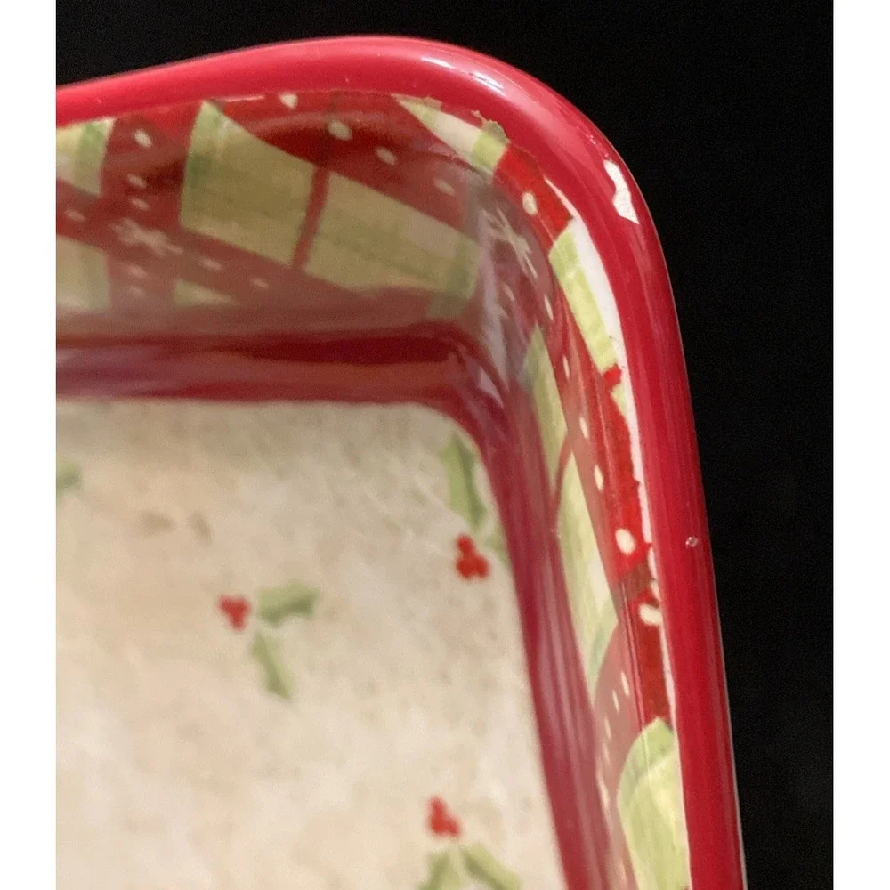 Debbie Mumm JoAnn 2008 Holly Berries Square Porcelain Serving Platter Plaid Chip